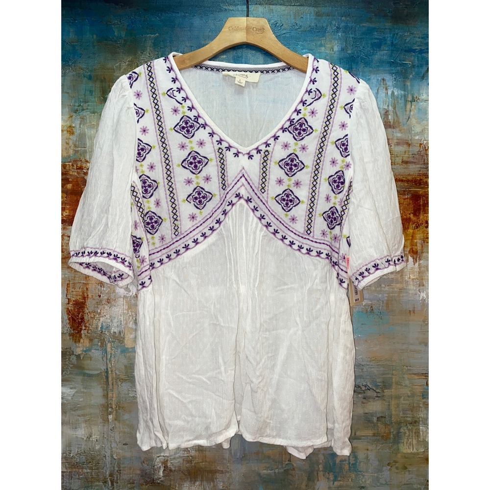 Nurture by Westbound Womens White Embroidered V-Neck Peplum Blouse‎ NWT Large
